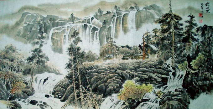中原著名画家马国立先生的4尺山水精品〈山村飞泉〉