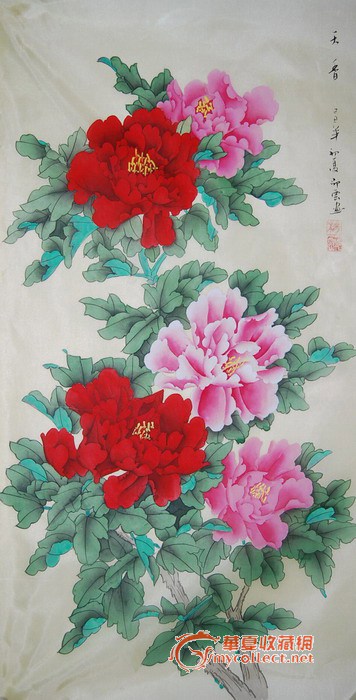 名家绢本工笔牡丹