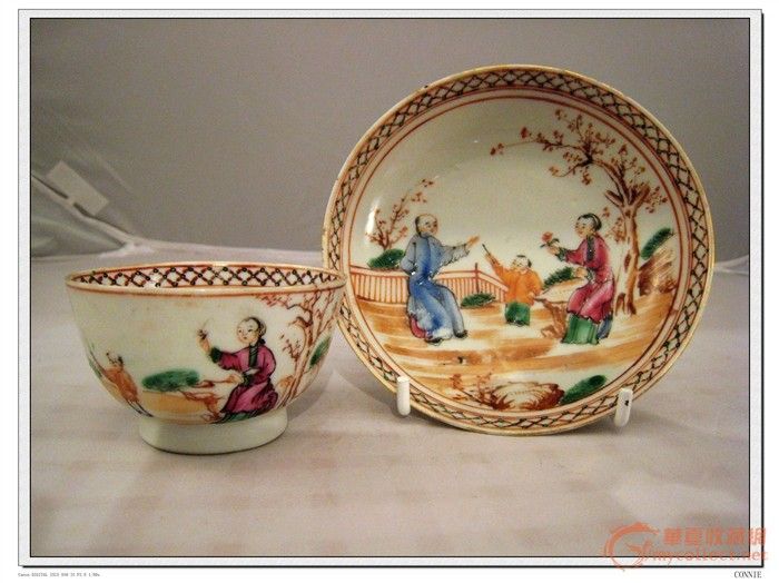 清乾隆广彩人物'相夫教子'图杯+托盘一套|清乾