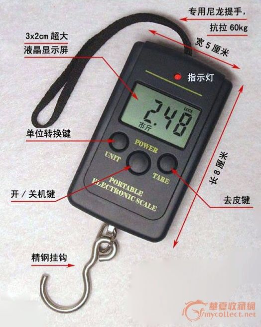 促销微型电子手提秤,基本规格: 1、外观新颖,小巧玲珑,方便携带。量程有5g、10kg、20kg、40kg多种,一价直销。 2、三键位设计:POWER、TARE、UNIT。按键采用凹陷型大圆面设计,手感舒适同时也能减少携带时的误操作。 3、键位功能:PWOER是开关键,TARE是清零去皮,UNIT是单位转换,长按三秒就会显示环境温度,误差正负2摄氏度。开启锁定功能:开机后按住TARE不放(三秒到五秒),显示L-ON即锁定。再按TARE显示L-OF即取消。 4、单位转换,有kg/lb/oz多个单位可供选择。