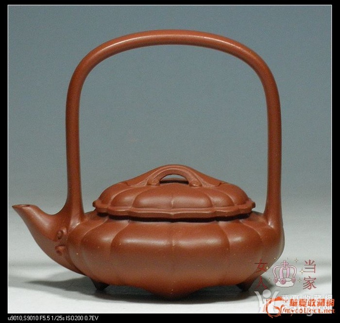 宜兴紫砂壶 工艺师沈永娟手制 原矿朱泥 菱花提梁150cc