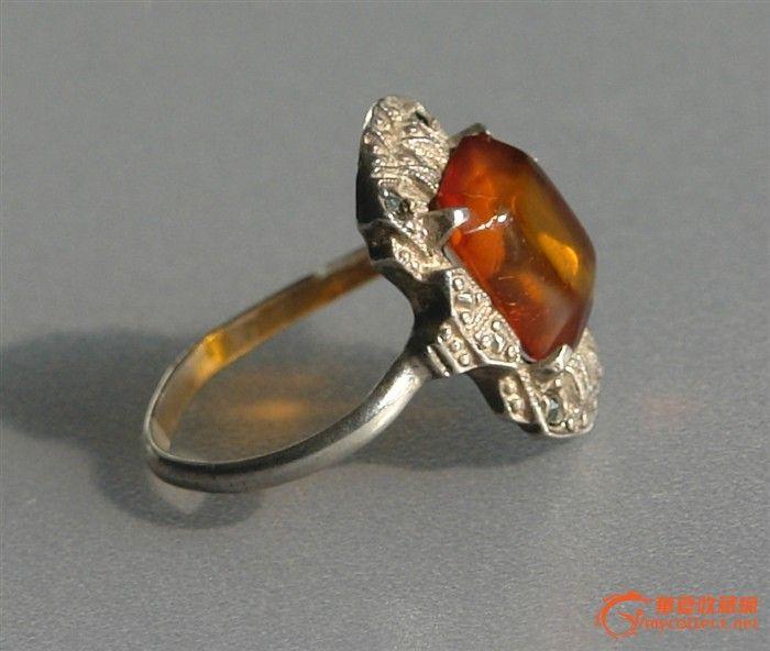 欧洲原装银镶嵌金珀老戒指