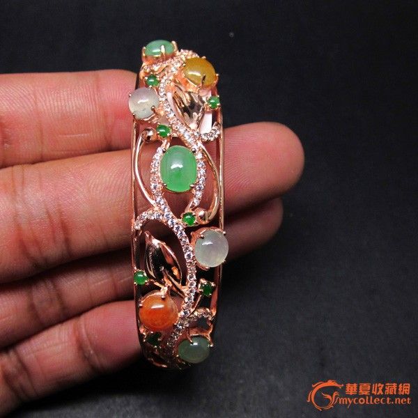 【精】翡翠a 货镶嵌手镯|【精】翡翠a 货镶嵌手镯拍卖|竞价|价格|交易-玉器拍卖-华夏收藏网