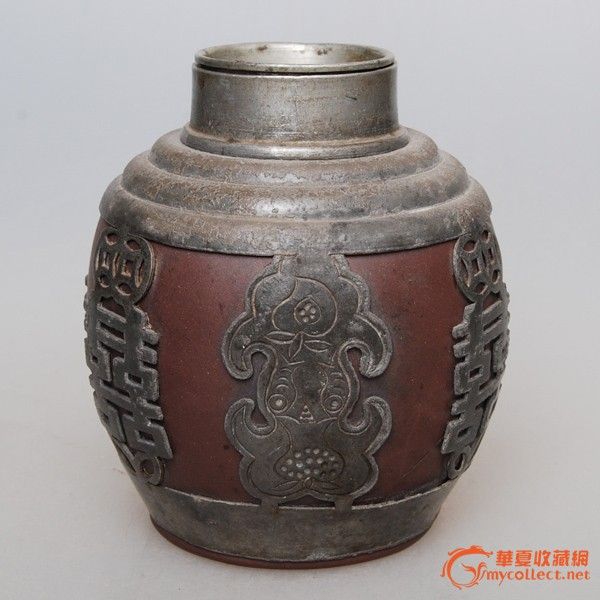 清代出门既事开山款锡包双喜紫砂茶叶罐_在线