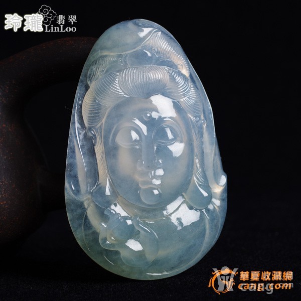 【精】冰玻荧绿翡翠观音头像雕件-x2
