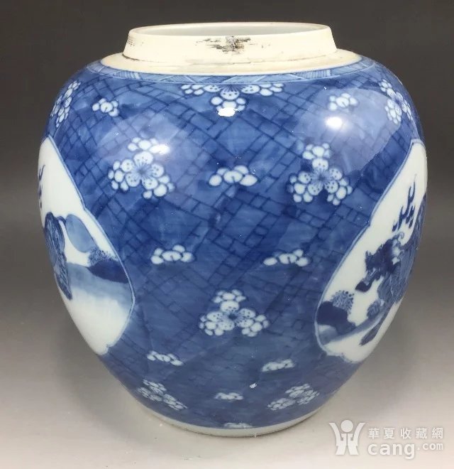 康熙-青花冰梅三开光海兽纹大罐