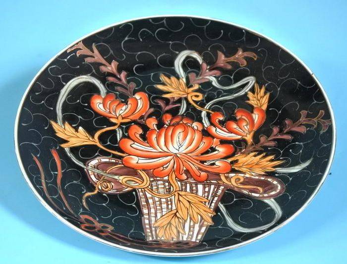 样品瓷,黑釉描金花篮盘图2