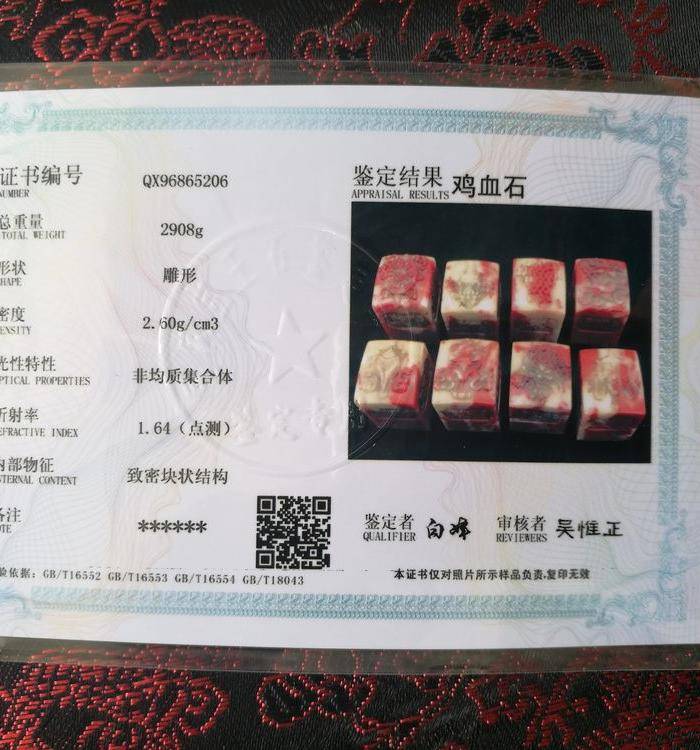 国检证书 清宫兰田御史作 昌化鸡血石 桃花树 浮雕钮八枚套章图6