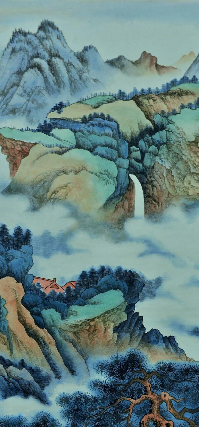 欧美回流 吴湖帆精美手绘设色纸本山水画大立