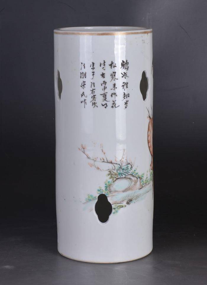 晚清 鹿鹤同春 浅降彩帽筒图3