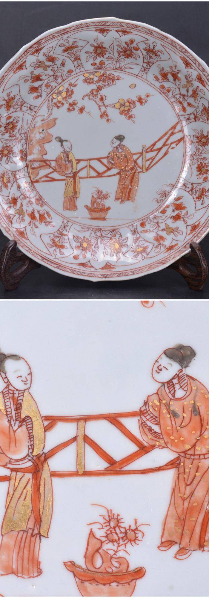 康熙 压花 矾红描金西厢记 图盘一对图11