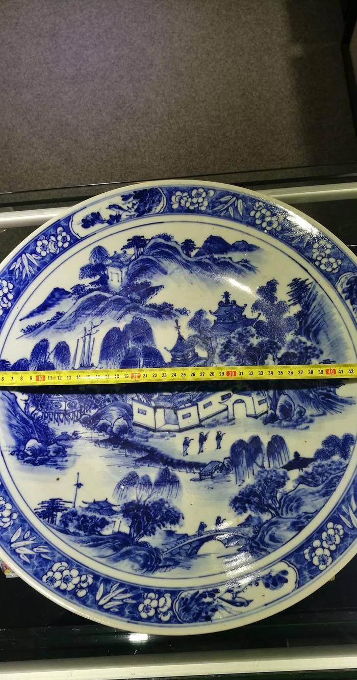 清 青花 风景人物 巨型圆盘图2