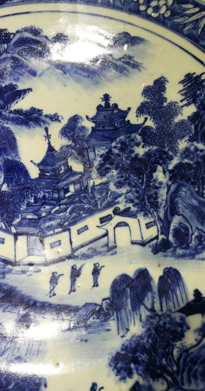 清 青花 风景人物 巨型圆盘图5