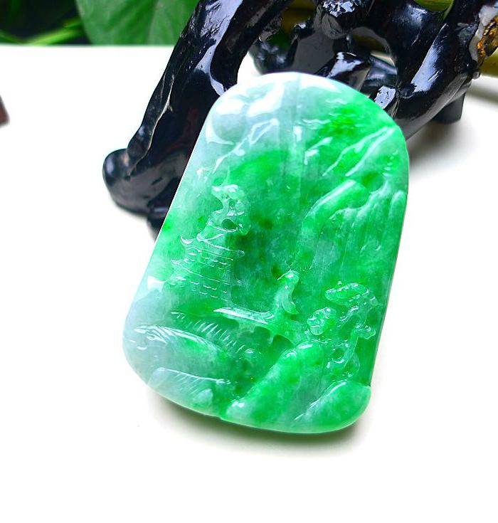 自然光实拍!天然A货翡翠满阳绿山水牌图6