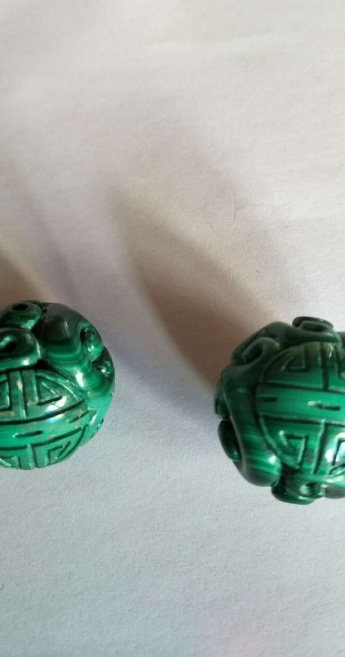 欧美回流 漂亮孔雀石团寿龙纹大球珠一对图2