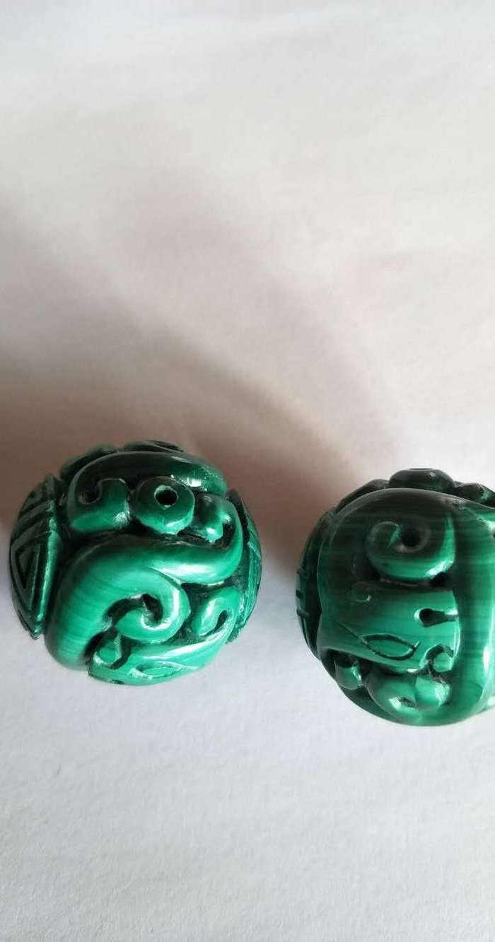 欧美回流 漂亮孔雀石团寿龙纹大球珠一对图6