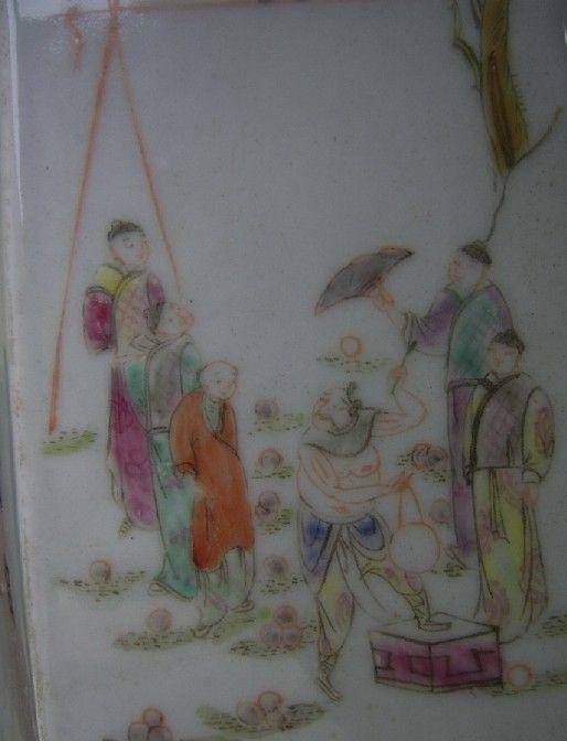 520 粉彩六棱杂耍人物花鸟笔筒图12