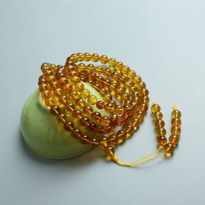 金棕缅甸琥珀108佛珠项链 7mm 24KH15图11