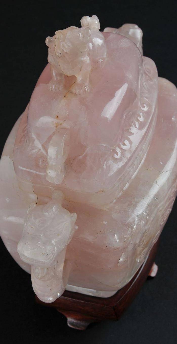 欧美回流 老天然粉晶狮钮双龙耳炉 带座图4