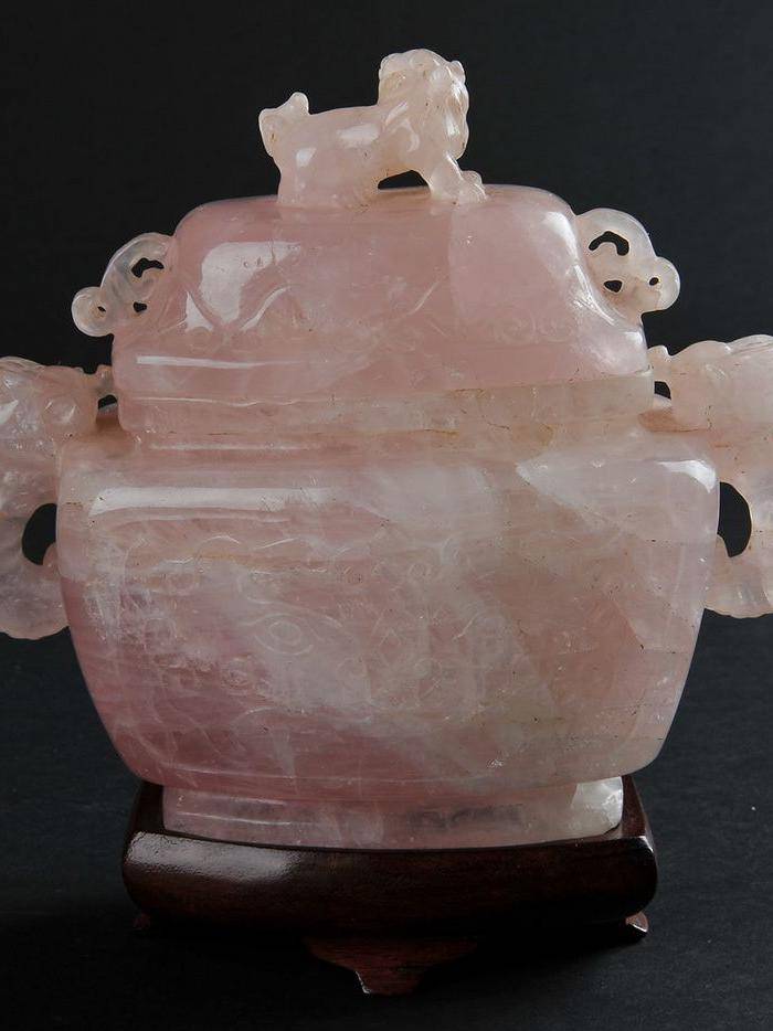欧美回流 老天然粉晶狮钮双龙耳炉 带座图2