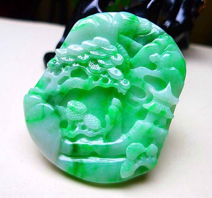 天然A货翡翠老坑水润满绿山水牌 amp 4467 对图4