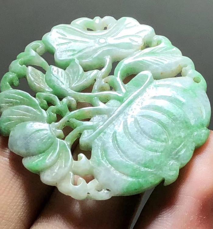 清 精品 满阳绿 翡翠 花篮 花开富贵 手工 雕刻 工