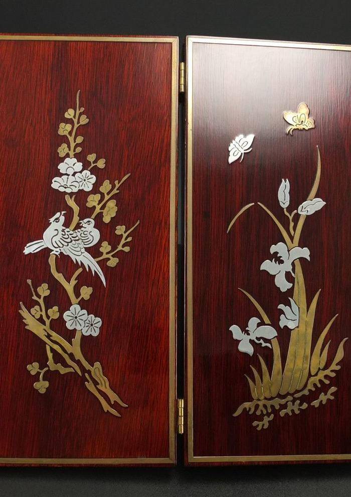硬木镶嵌烫金银四季花鸟 屏见图4