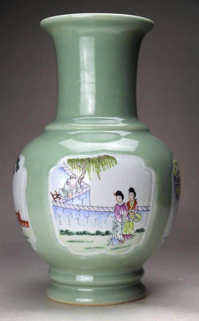 民国仿乾隆精品冬青釉四开窗粉彩西厢记人物故事纹尊图2