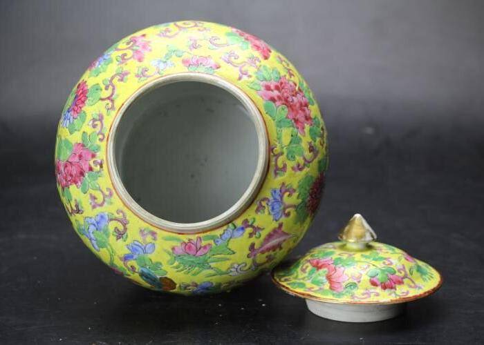 晚清精品黄地粉彩花鸟纹盖罐图7