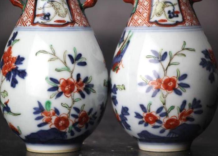 清光绪精品青花加彩花鸟纹兽耳琵琶尊一对图3