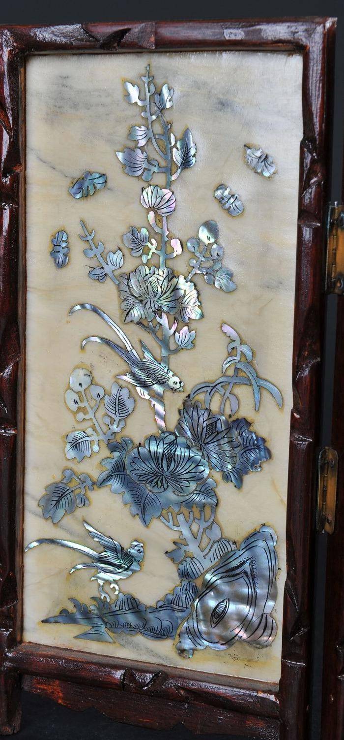欧美回流 老蛇纹石嵌螺钿花鸟纹四扇小桌屏图4