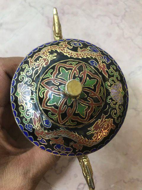 7038 铜鎏金掐丝珐琅三足龙耳香薰图7