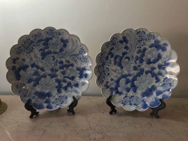 7423 清 青花稚鸡牡丹花口盘一对图2