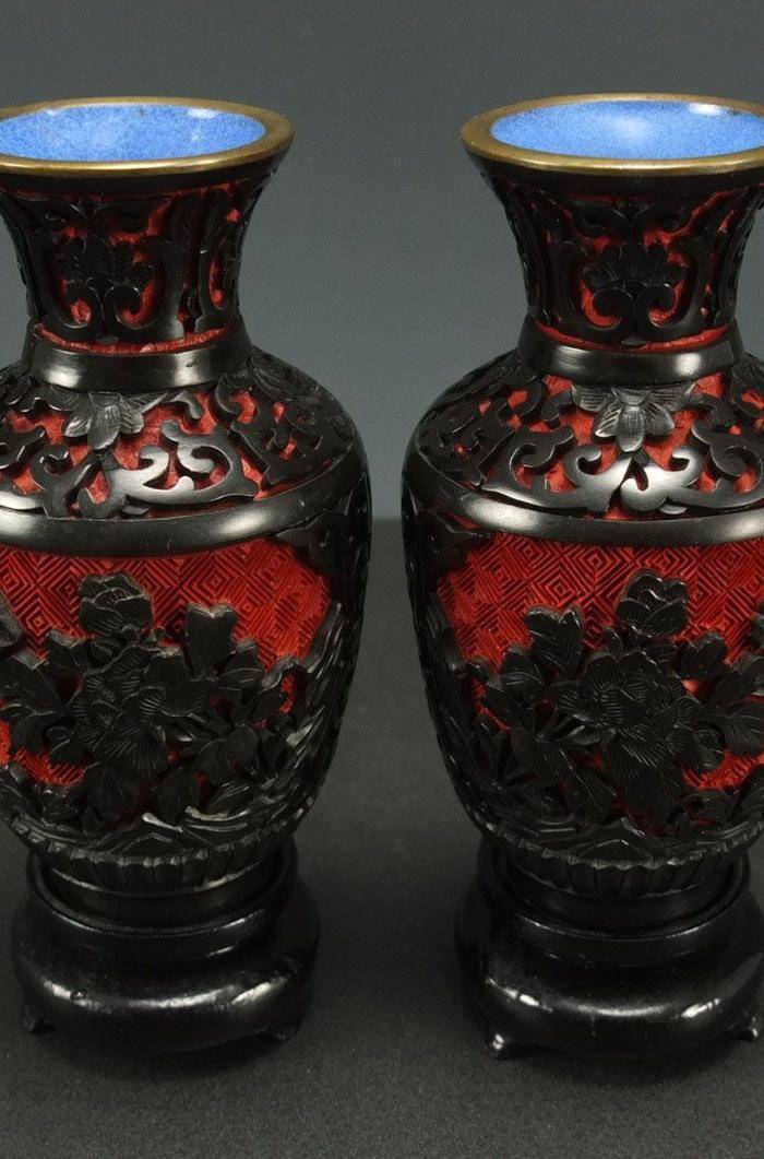 美国回流 铜胎剔红漆器红黑观音尊一对图2