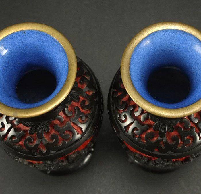 美国回流 铜胎剔红漆器红黑观音尊一对图10