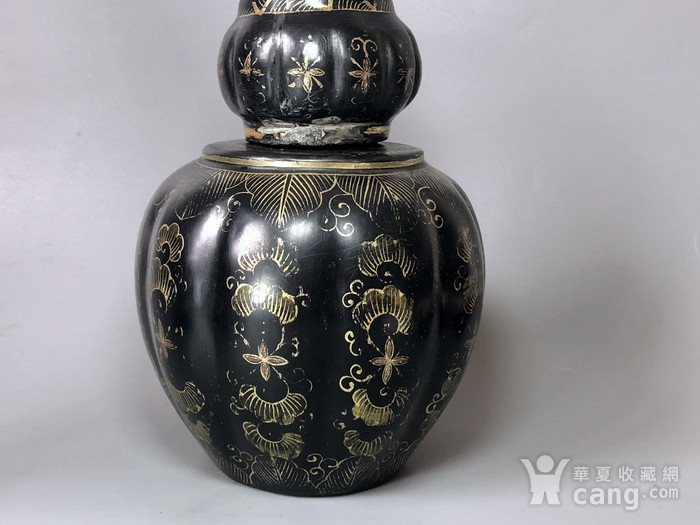 精品 收藏级 晋派漆器 清代黑大漆描金葫芦瓶一只