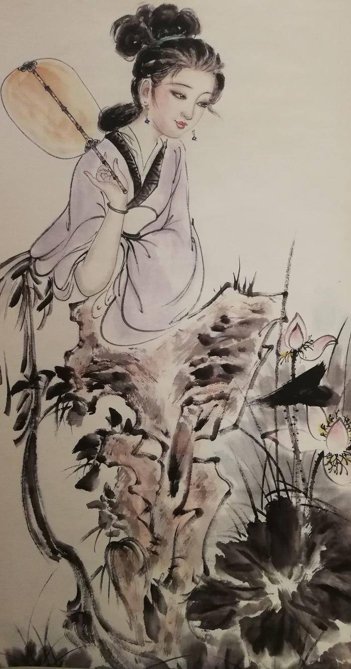 装裱画白伯骅侍女观荷图2