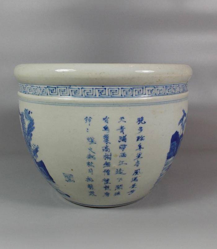 晚清青花山水诗文画缸图3