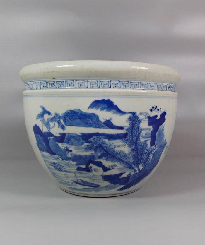 晚清青花山水诗文画缸图2