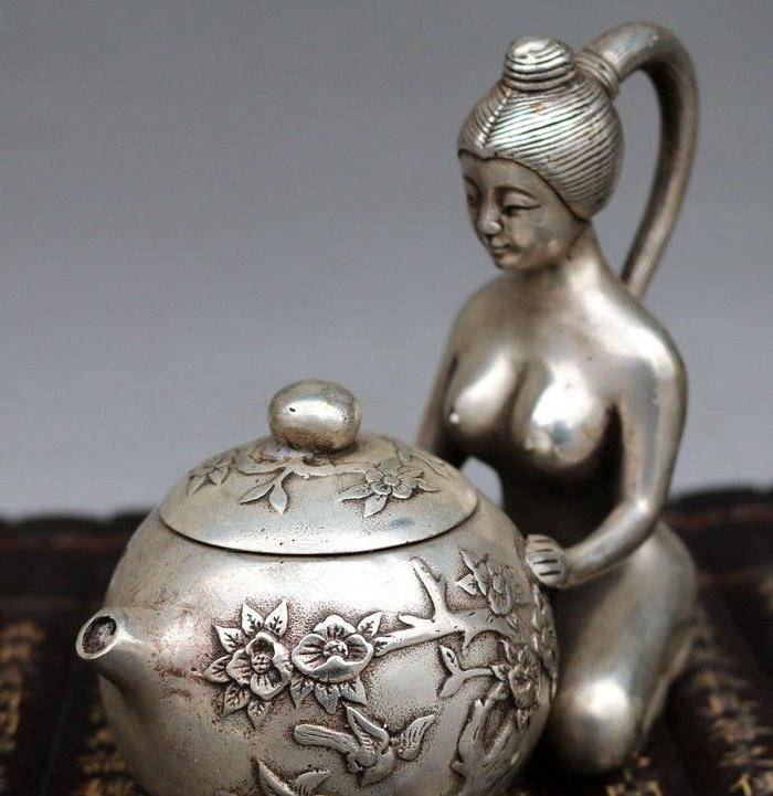 白铜镀银侍女壶水壶茶壶酒壶摆件图2