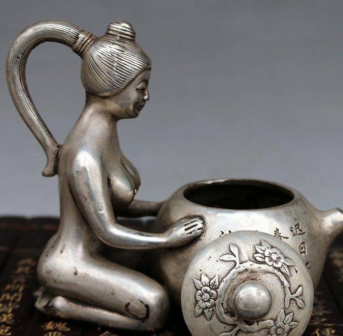 白铜镀银侍女壶水壶茶壶酒壶摆件图3