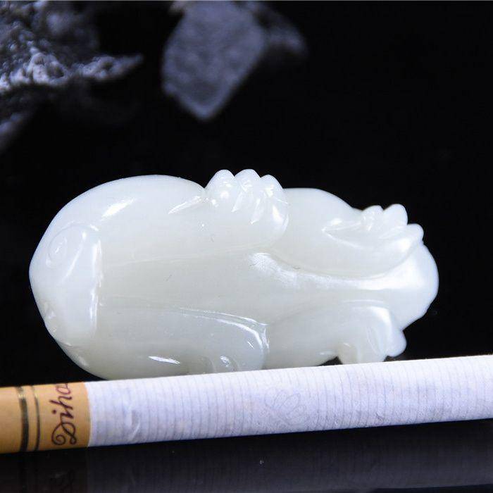 和田玉 籽玉 洒金皮 招财貔貅 尺寸大 小手把图7