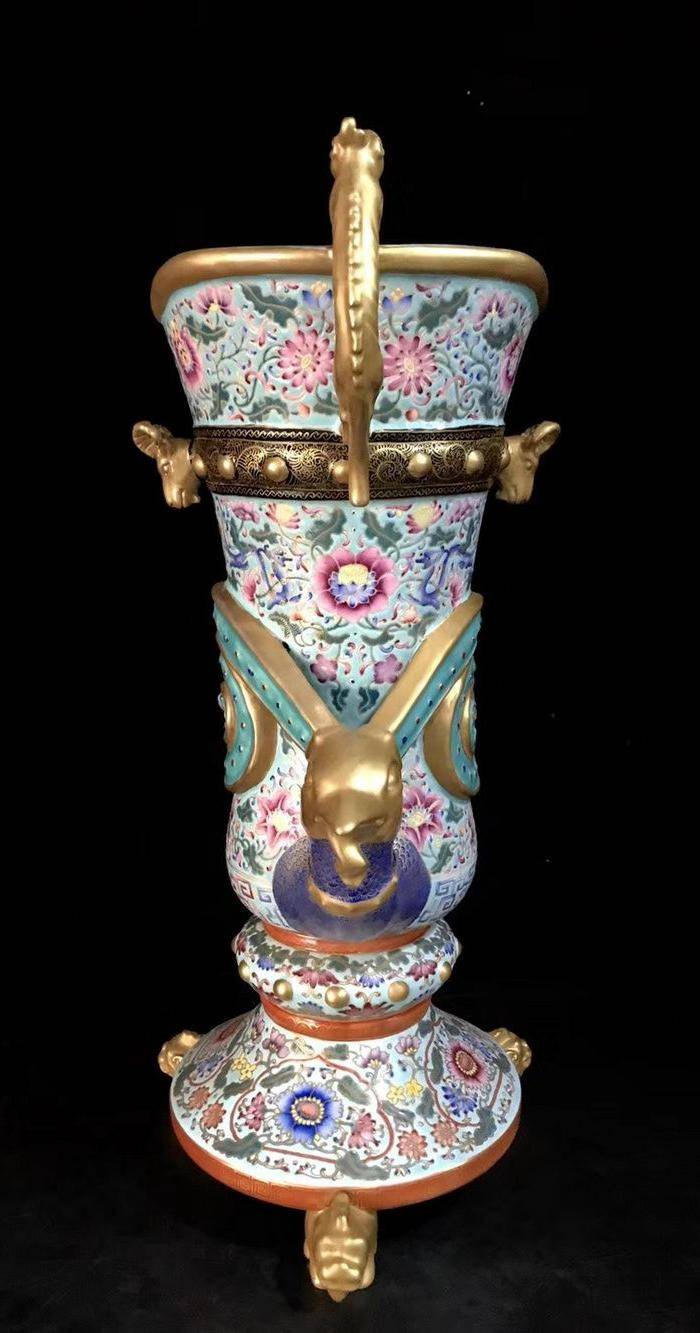 精品本金珐琅彩描金缠枝莲龙凤纹鸡头尊壶一对图5
