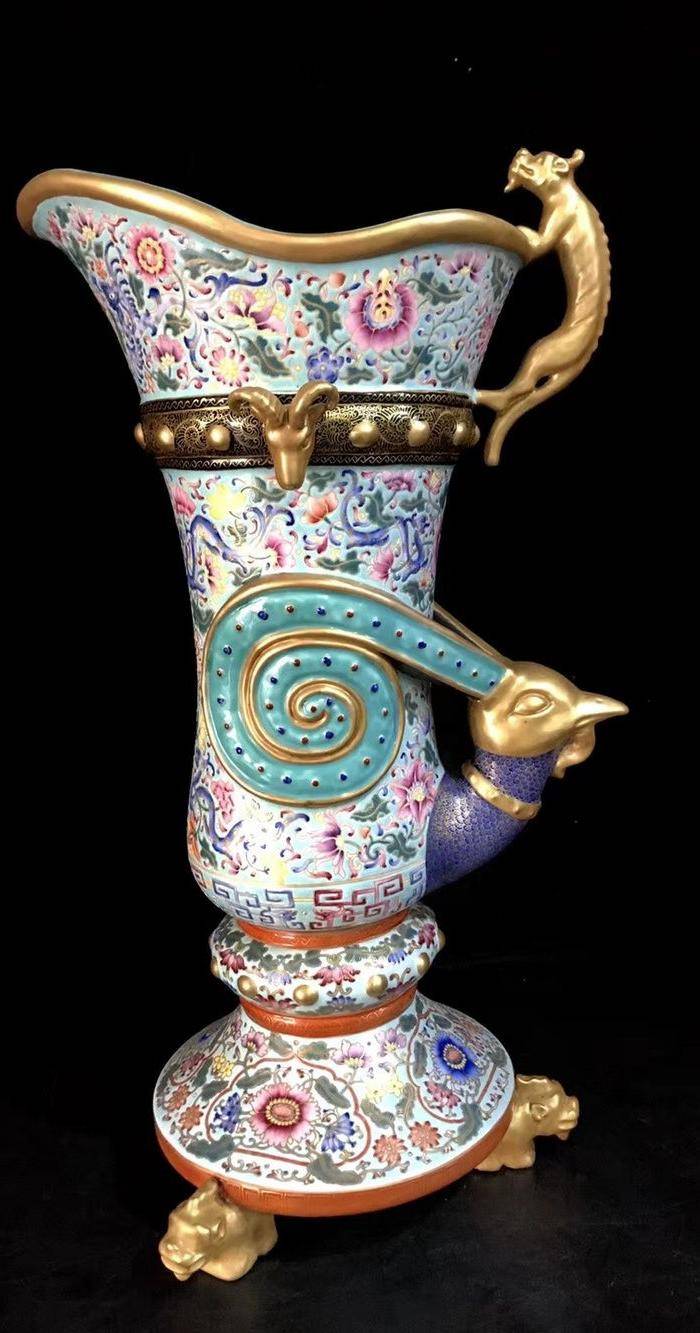精品本金珐琅彩描金缠枝莲龙凤纹鸡头尊壶一对图6