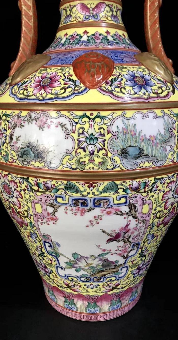 精品本金珐琅彩开窗四季花鸟纹双龙汲水尊一对图4