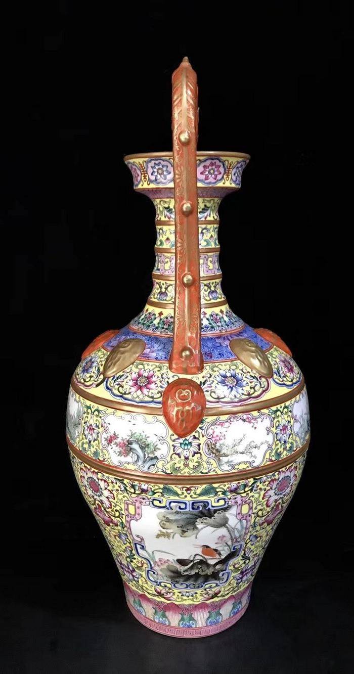 精品本金珐琅彩开窗四季花鸟纹双龙汲水尊一对图5