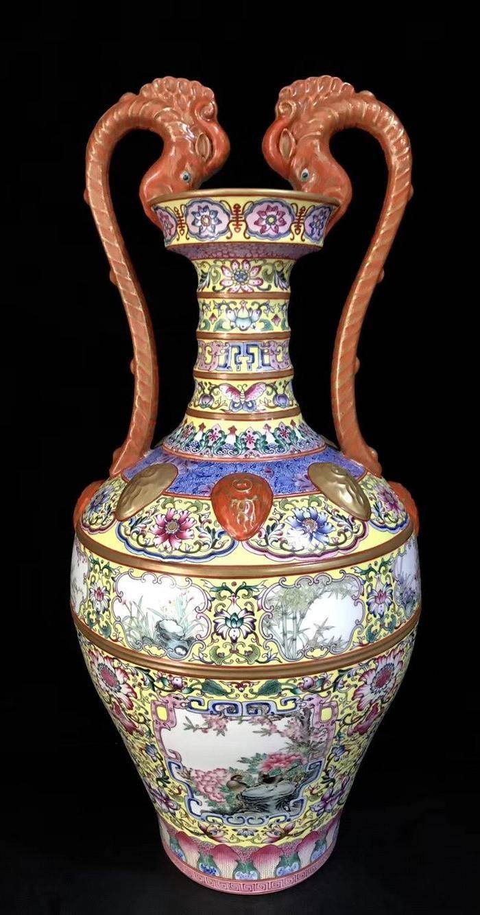 精品本金珐琅彩开窗四季花鸟纹双龙汲水尊一对图6