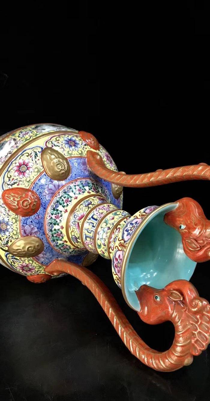 精品本金珐琅彩开窗四季花鸟纹双龙汲水尊一对图8