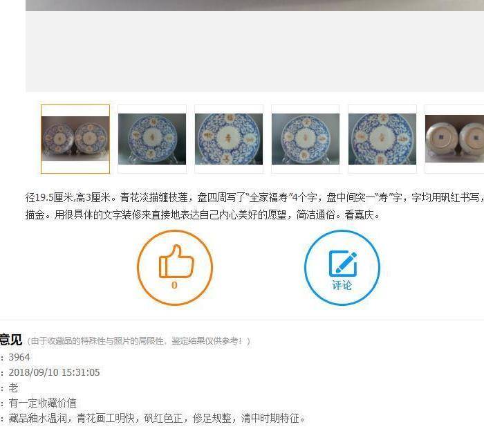 清嘉庆 青花缠枝莲矾红描金全家福寿纹盘1对图12