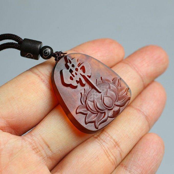 棕红缅甸琥珀佛字莲花吊坠 22KQ08图9